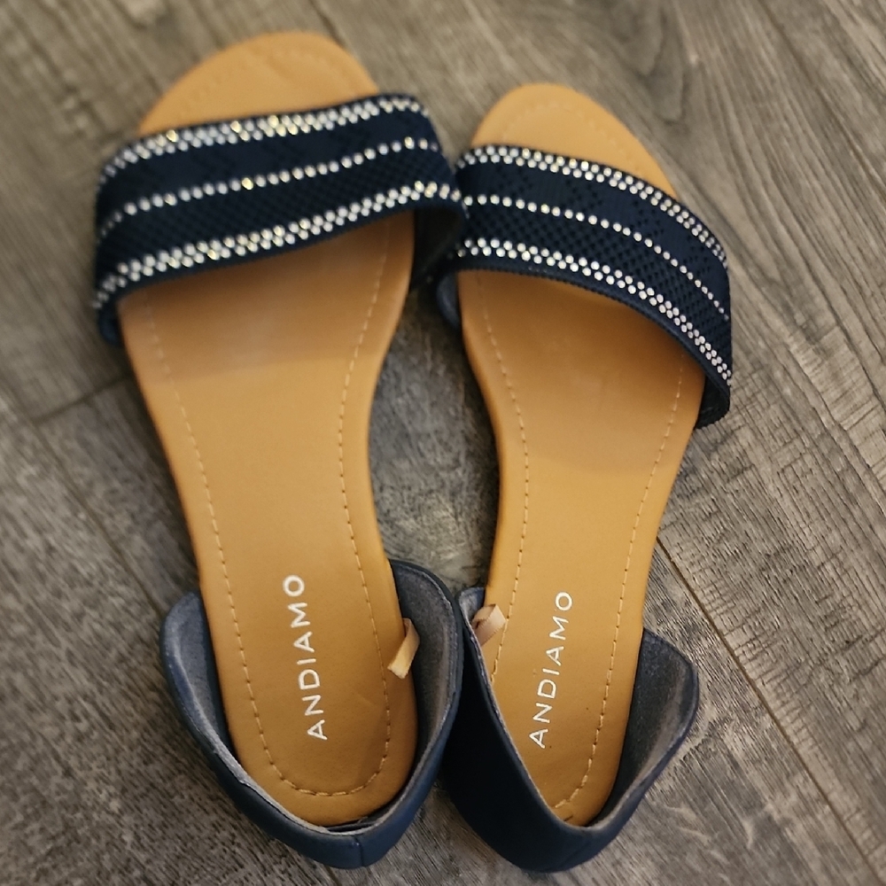 Andiamo Women's Navy‎ Blue Rhinestone Embellished D'Orsay Flats Sandals Size 9W